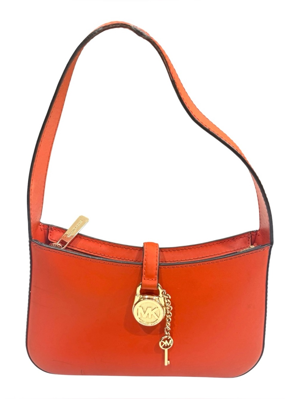 Michael Kors Bright Orange Leather Shoulder Bag with Gold MK Charm